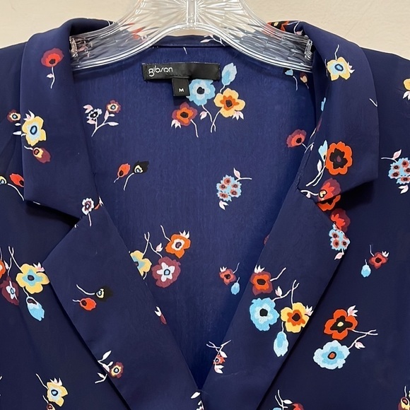 draped boho Blouse Long sleeve high-low Navy Floral semi-sheer Top size medium - Picture 3 of 9